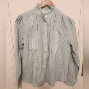 LOFT womens eyelet lace ruffle collar blouse, petite small, NWT, Sage green